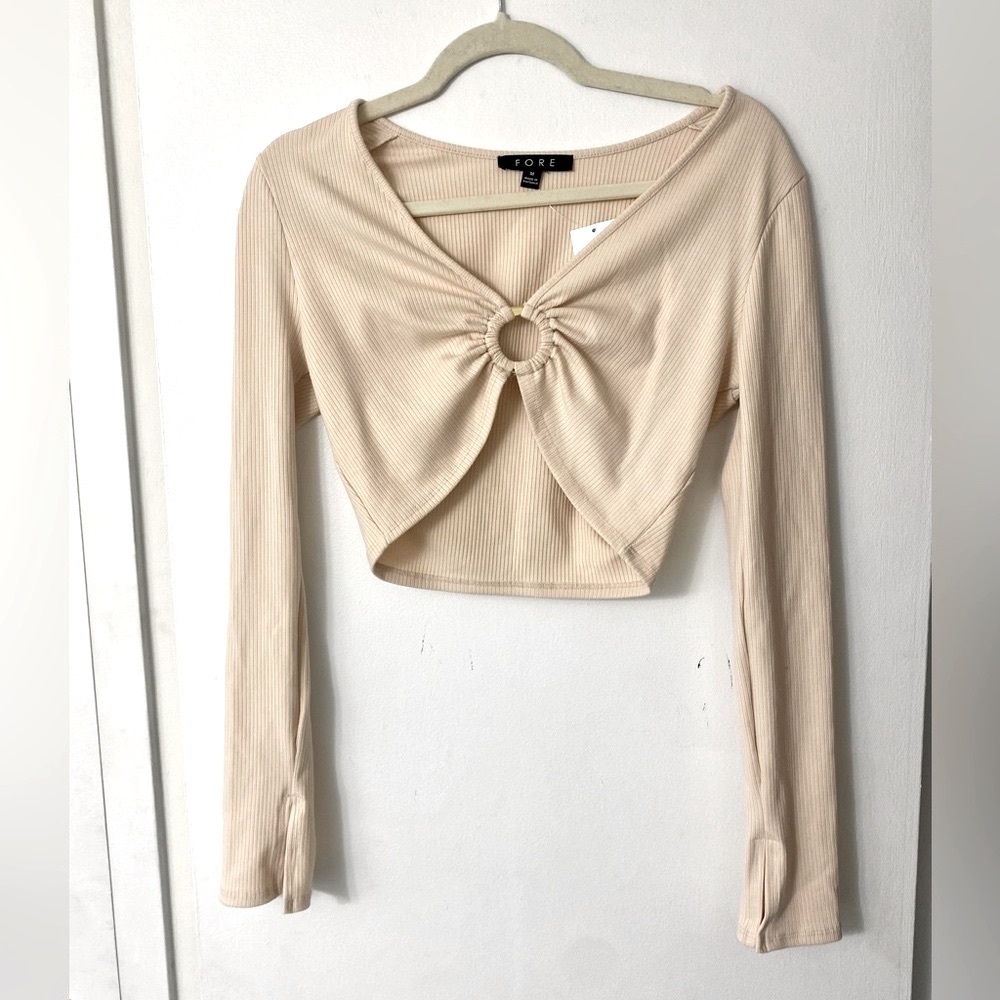 Bloomingdales beige FORE Ribbed Beige Long Sleeve O-Ring Center Crop Top - Picture 2 of 6